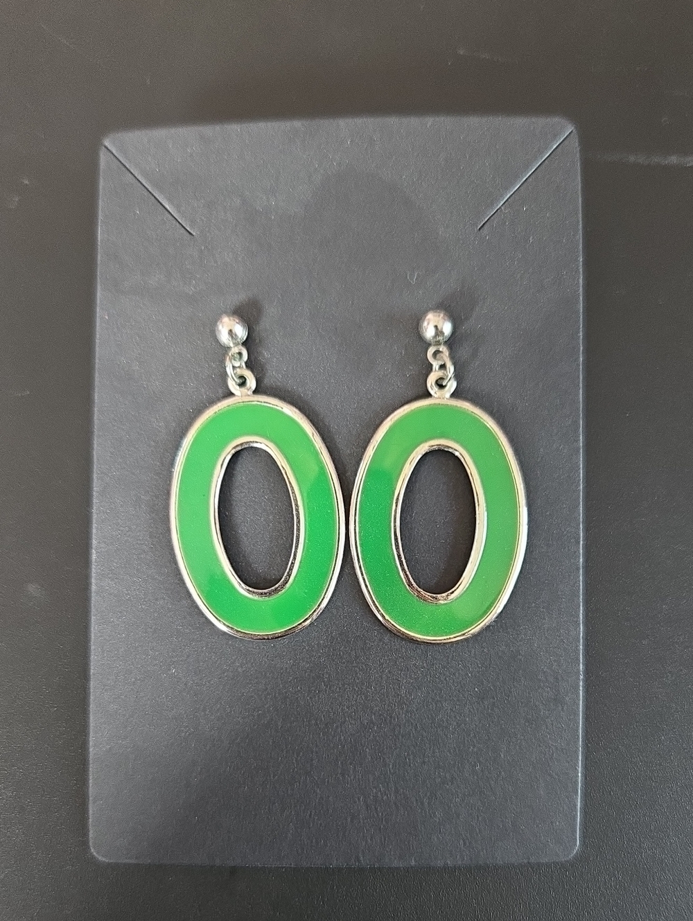 Sikver Tone and Green Oval Drop Earrings